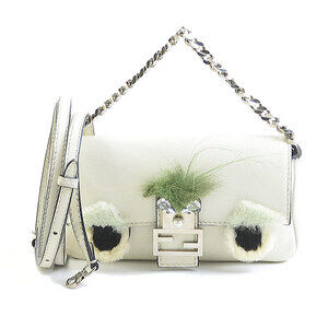 Fendi Monster Baguette Crossbody Bag Leather Fur Off White Green Silver